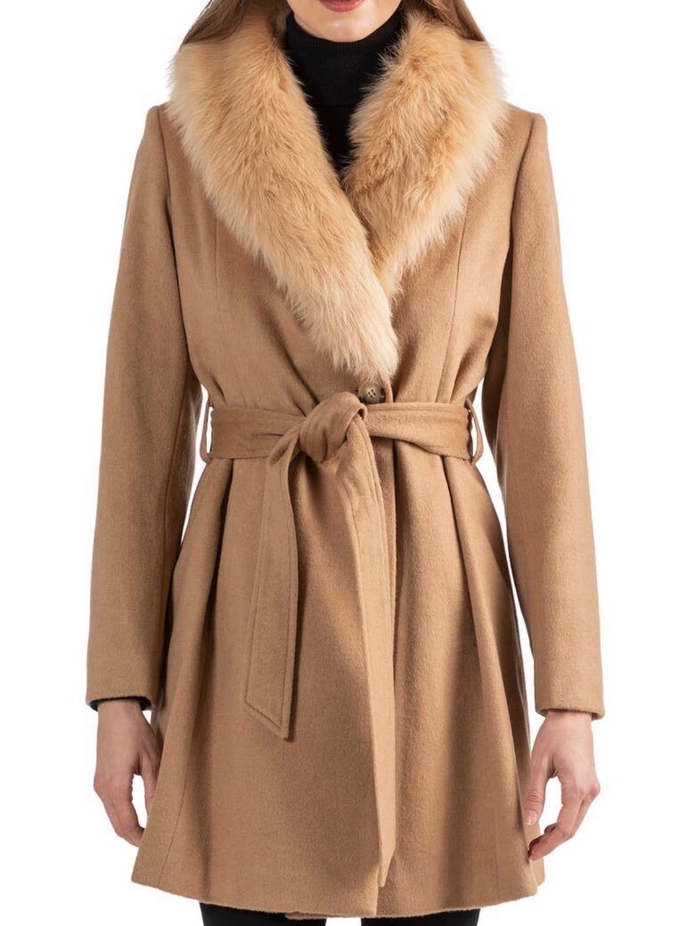 Sofia Cashmere Tan Wool blend and Fur Trimmed Coat - 4